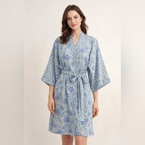Sevya Handmade Sangita Blockprint Cotton‎ Blue Floral Kimono Robe Sz. M/L